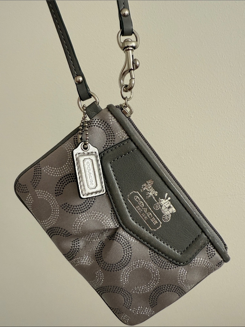 Coach Metallic Silver Signature Wristlet Pouch